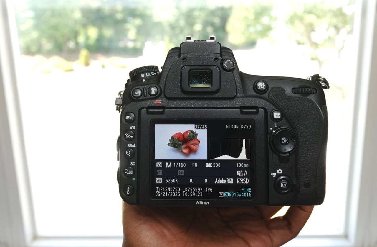 A hand holds up a Nikon D750 DSLR in front of a bright, leafy window. The rear LCD shows the review screen for a strawberry still life, with the histogram and full capture settings visible: Manual mode, 1/160, f8, ISO 500, white balance 6250K, shot as a fine JPEG. A finished frame straight out of the camera.
