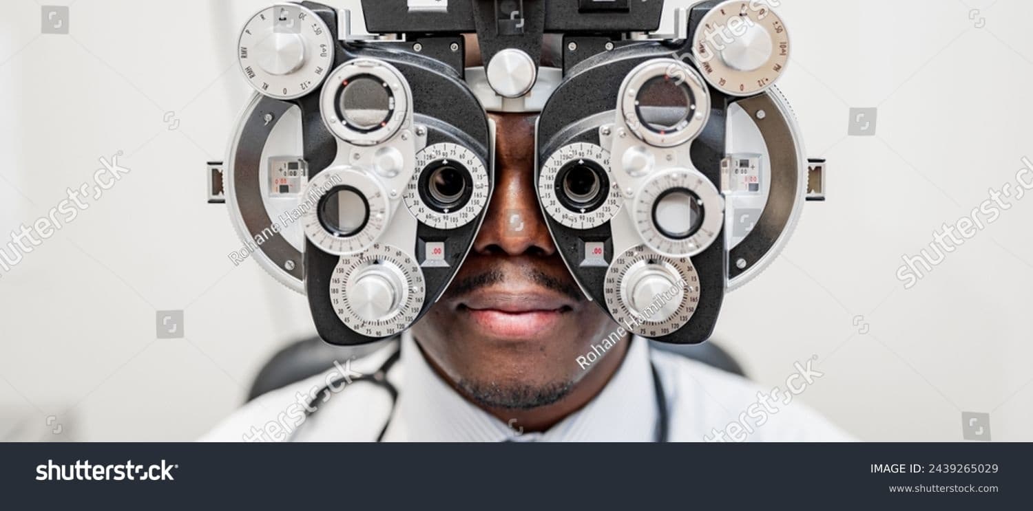A Shutterstock comp of a head-on photo of a patient seated behind a phoropter during an eye exam, watermarked with the contributor's name. This is one of the author's own images that ranks on the first page for the term 'phoropter.'